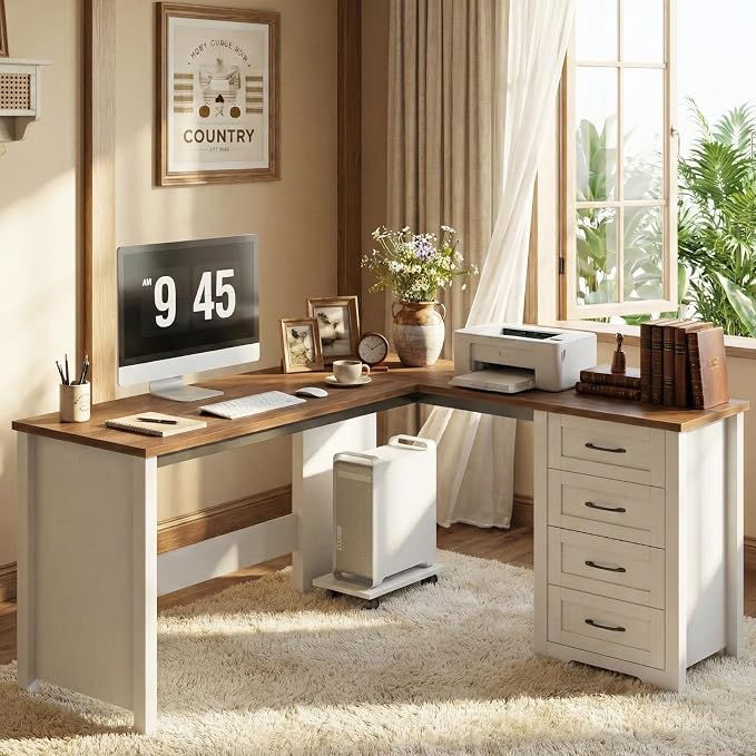 Vabches 61”Farmhouse L Shaped Executive Desk with Drawers, Corner Computer Desk with Mobile CPU Stand, Wood Writing Computer Desk for Work, Study