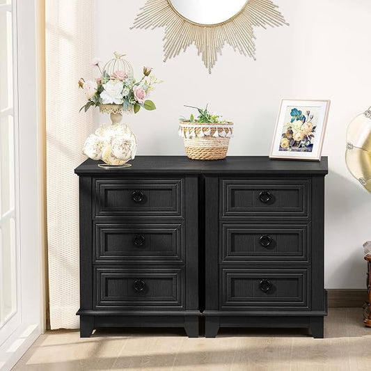 Joaxswe Farmhouse Night Stand Set of 2, 18" End Table with 3 Drawer Metal Handle, Dresser for Bedroom, Sofa Bed Side Table Chest of Drawers,Wood Nightstand Cabinet for Organizer, Living Room-Black