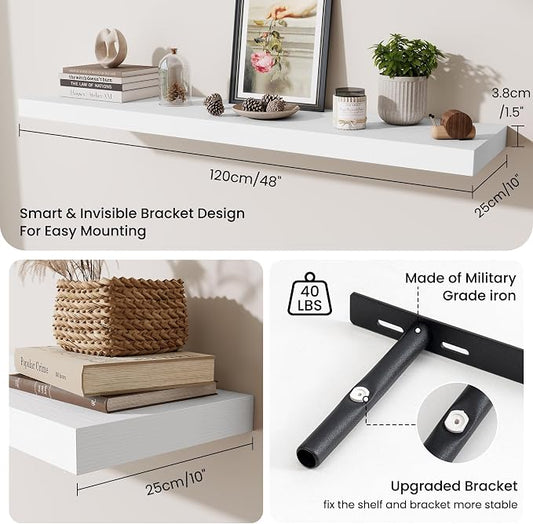 Fun Memories 48 Inch Floating Shelves for Wall - 10 Inch Deep Fireplace Mantel Shelf - Wood Floating Shelf for Wall - Large Storage Shelves Wall-Mount for Living Room & Bedroom - White - Set of 2