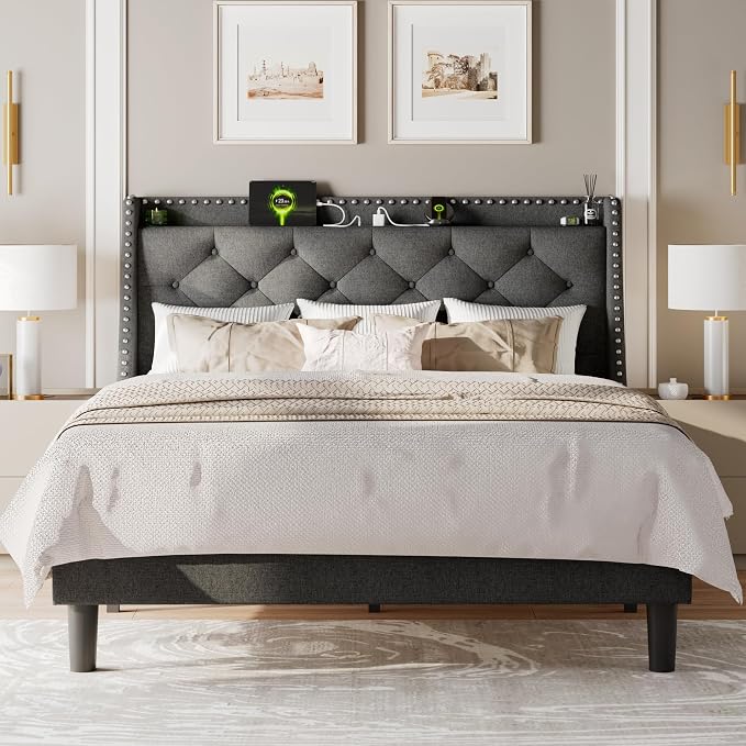 Feonase Full Size Bed Frame with Luxury Wingback and Fast Charging Station,Full Upholstered Button Tufted Storage Headboard Platform Bed,Sturdy Wooden Slats Support,Noise-Free, Easy Assembly,Dark Gray