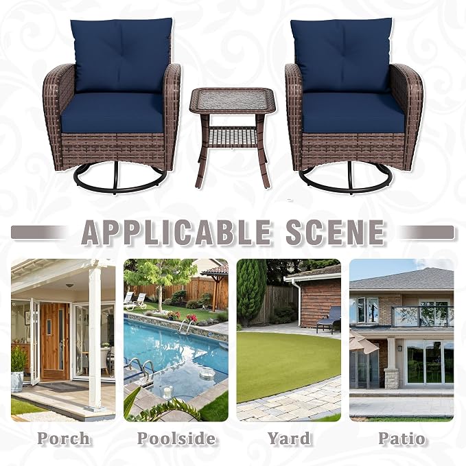 3 Piec Patio Bistro Set with 2 Rocking Chairs & Table, 360° Swivel PE Wicker Outdoor Furniture, Heavy-Duty Steel Frame,Weatherproof Cushions, Blue