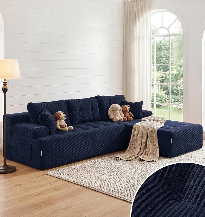 Hobestluk Modular Sectional Sofa Couches L-Shape Couch 3 Seat Modular Sofa Memory Foam Sectional Couches for Living Room, Cloud Couch (Dark Blue Corduroy, 108", Right Hand Facing)