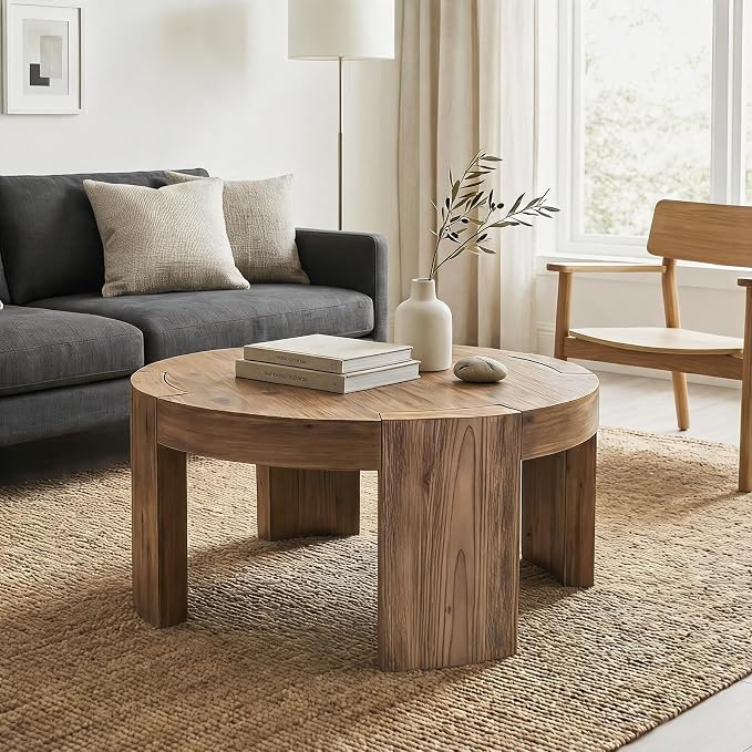 Solid Wood Round Coffee Table, 31.5-Inch Farmhouse Circle Center Cocktail Tea Table for Living Room, Wood Home Living Room Furniture, Easy Assembly, Light Brown
