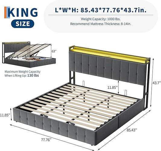 Garvee King Size Lift Up Storage Bed with LED Lights, Upholstered Velvet Bed Frame with Storage Headboard & Charging Station, Metal Platform Bed, No Box Spring Needed, Solid Wooden Slats, Grey