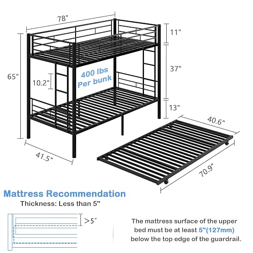 VECELO Twin Over Twin Bunk Bed with Trundle, Black | Metal Bunkbeds, 2 Side Ladders, Full-Length Guardrail, Noise Free, No Box Spring Needed
