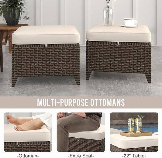 Patio Ottomans 2 Pieces, Outdoor 22" x 22" PE Wicker Ottoman with Removable Waterproof Cushions, All Weather Rattan Foot Stool Furniture for Deck, Porch, Backyard, Balcony, Poolside