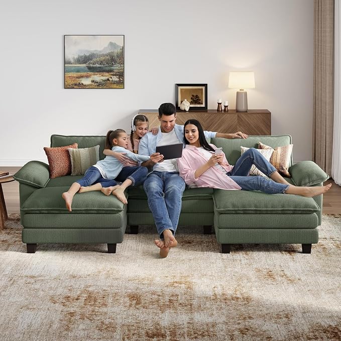 LINSY HOME 123'' Modular Sectional Sofa 3 Seat Couch Corduroy Cloud Couch with Deep Seat, Modern Cloud Couch with 2 Movable Ottoman for Living Room, Office, Bedroom, Green