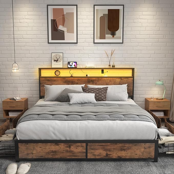 Lifezone Queen Bed Frame with 2-Tier Storage Headboard, Metal Platform Bed Frame with 4 Storage Drawers, Built in Charging Station & LED, Noise-Free/Metal Support/No Box Spring Needed, Vintage Brown