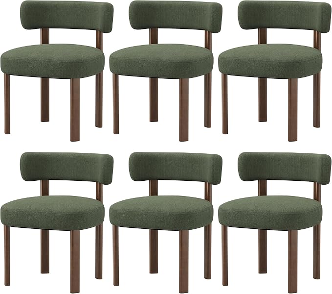 Wooden Dining Chairs Set of 6, Upholstered Kitchen Chairs with Solid Wood Legs, Mid Century Dining Room Chair with Ergonomic Curved Backrest for Kitchen Dining Vanity, Green