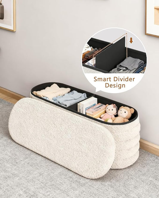 GLAXYFUR Storage Ottoman Bench, 43 Inch Upholstered Entryway Shoe Seat, End of Bed Stool Blanket Chest for Living Room, Hallway, Sherpa White