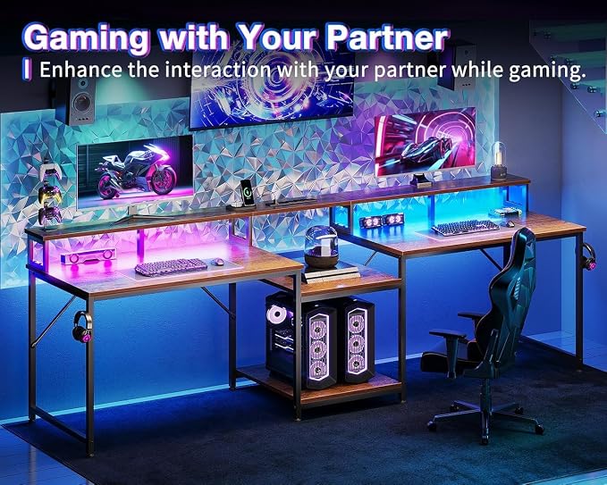 Casaottima 98 Inch 2 Person Gaming Desk with Storage Shelves, Long Double Home Office Computer Writing Desks with USB Charging Port & LED Lights, Monitor Stand, Modern Study/Work Table,Vintage