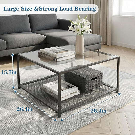 Black Glass Coffee Table, Square Coffee Tables with Storage Shelf, Simple Tea Cocktail Modern Center Tables for Small Space, Living Room, Easy Assembly, 26 * 26in(Black)