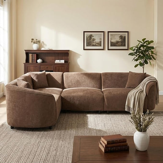 Merax 104" L-Shaped Curved Sofa, Comfy Upholstered Sectional Couch with Extra Deep Seats, Boucle Sofa for Living Room Apartment Office, Brown