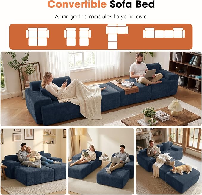 83.5" Boneless Loveseat with 2 Ottoman, Cloud Comfy Sofa Bed, Modular Sofa for Living Room, Apartment, Bedroom, Hotel, No Assembly Required (Blue)