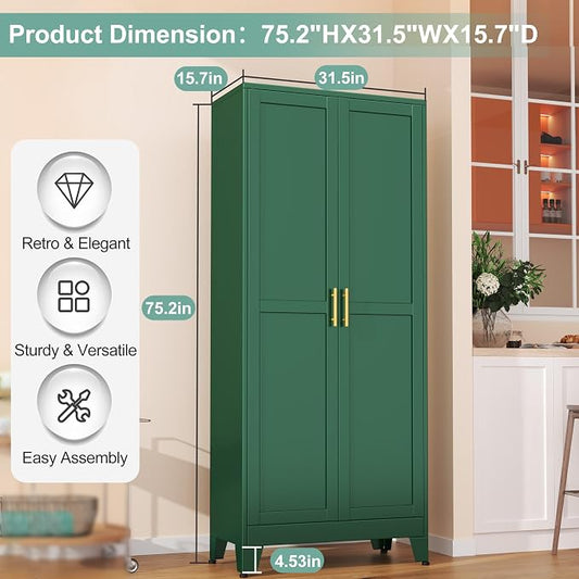 Metal Pantry Cabinet with 2 Doors and 5 Adjustable Shelves, 75"Kitchen Storage cabinets with Gold Handles, Versatile Storage for Laundry Room, Living Room, Bathroom, Dinning Room, Utility Room-Green