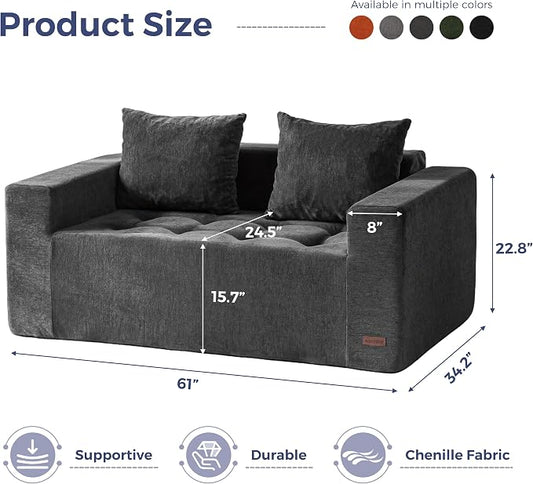 MAXYOYO Modular Sofa Couch, 61" Loveseat Boneless Cloud Couch with Deep Seat, Chenille Upholstered Living Room Comfy Sofa Chair for Living Room, No Assembly Required, Dark Grey