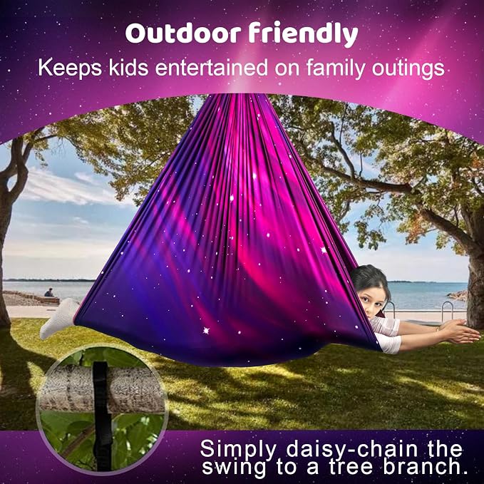 HiCamer Double Layer Sensory Swing for Kids & Adults Holds up to 300lbs Indoor and Outdoor Therapy Cuddle Swing with 360° Swivel Hanger Kit Adjustable with Aspergers Autism ADHD (Galaxy Purple)