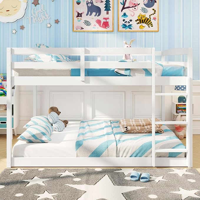 Giantex Full Over Full Bunk Bed, Solid Wood Kids Bunk Bed with Full-Length Guardrails, Integrated Ladder & Anti-Tippling Kits, Low Bunk Beds with Slats Support for Kids, Teens, White