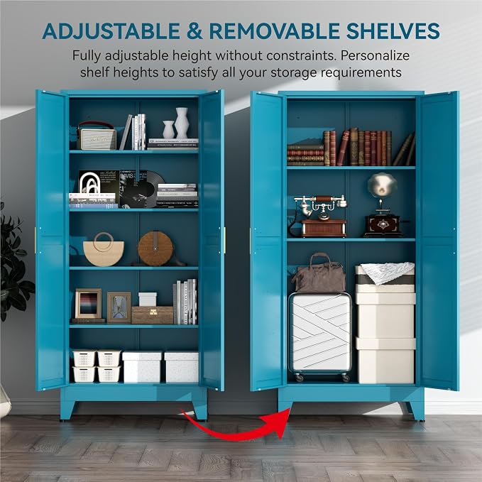 Farmhouse Pantry Cabinet with Barn Doors, 71" H x 31.5" W, 5-Tier Metal Storage Cabinet with 4 Adjustable Shelves for Kitchen Garage Dining Room,Blue 1 Pack
