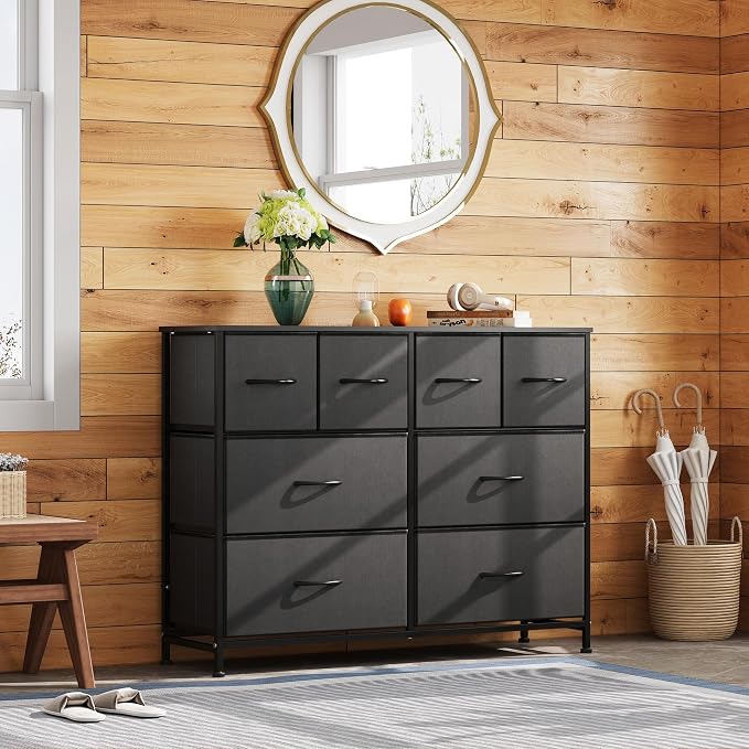 WLIVE Dresser for Bedroom with 8 Drawers, Wide Fabric Dresser for Storage and Organization, Bedroom Dressers, Chest of Drawers for Living Room, Closet, Hallway, Black
