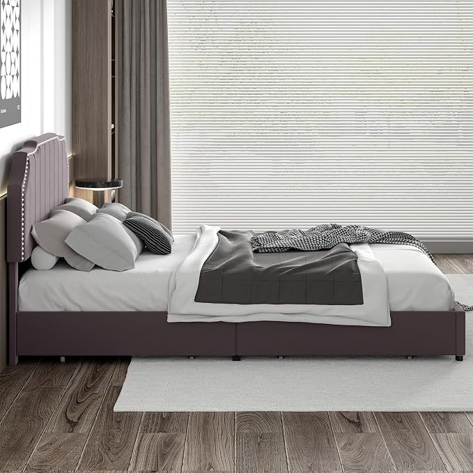 VECELO Queen Bed Frame with 4 Storage Drawers & Upholstered Platform &Tufted Adjustable Headboard/Mattress Foundation/Wood Slat Support,Easy Assembly,Dark Grey