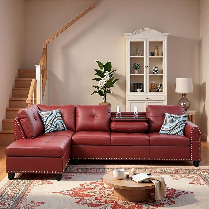 L-Shaped Sectional Sofa, Modern 4-Seat Couch with Built-in Cup Holders, Leather Sectional Couch with Left Facing Chaise for Living Room, Apartment, Office, Red