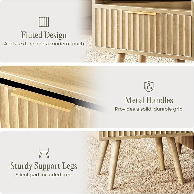 Huuger Nightstand with Charging Station, USB-C Port, Fluted Night Stand Set of 2, Bed Side Table with Drawer, Solid Wood Feet, Open Storage, End Table with Raised Edge, for Bedroom, Natural