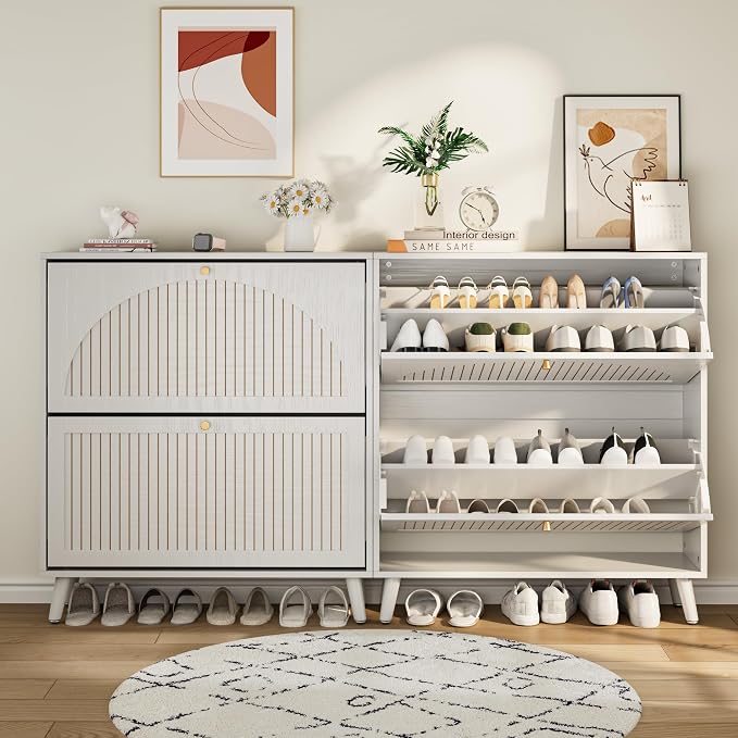 Fsbecl Shoe Storage Cabinet for Entryway with 2 Flip Drawers, Narrow Wood Shoe Cabinet with Fluted Panel, Freestanding Hidden Shoe Organizer for Foyer, Hallway (White - with Shelf)