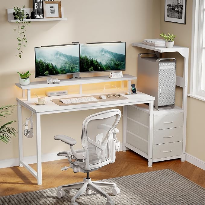 DUMOS 52” Gaming Desk with USB Charging Ports & LED Lights, Reversible Computer Desk with Drawers, PC Desk for Home Office Small Space, Gaming Table Fits PC Towers, White