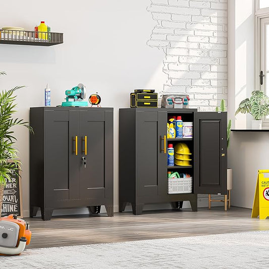Metal Tool Storage Cabinet with Lock Doors and Adjustable Shelves, Small Locking Garage Storage Cabinet, Black Steel Tool Cabinets with Leveling Feet for Garage, Basement, Office, Utility Room