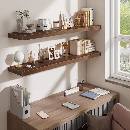 Fun Memories 55 Inch Fireplace Mantel Shelf, 10 Inch Deep Shelves for Display & Wall Storage, Rustic Wood Wall Shelf, Extra Long Floating Shelves for Living Room Laundry Room, Walnut, Set of 2