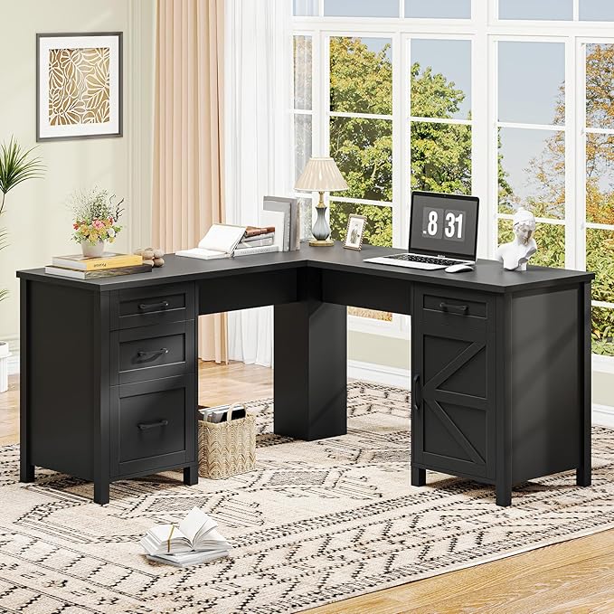 Halitaa 59” L Shaped Executive Desk with Power Outlets, Farmhouse Home Office Desk with File Drawer,Storage Cabinet, Wood Corner Sturdy Writing Workstation.Black