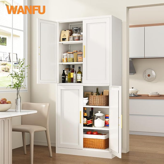 Wanfu 71" Tall Pantry Cabinet, Metal Kitchen Pantry Cabinet with 4 Doors and 4 Adjustable Shelves, Kitchen Pantry Storage Cabinets, Metal Storage Cabinet for Kitchen, Dining Room, Living Room-White