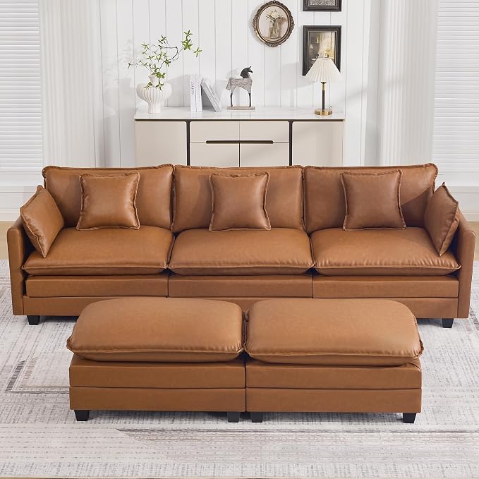 111'' Sectional Cloud Deep Seat Couch, Oversized Leather U Shaped Sectional Sofa for Living Room Set, Comfy Upholstered Modular 5-Seats Sectional Sofa Couch with 2 Movable Ottoman, Leather Light Brown