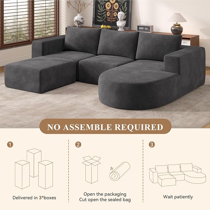 Boneless Couches for Living Room with Chaise,104" Modular Sectional Sofa with Convertible Ottoman,Cozy Cloud Couch with U-Shaped,Sponge Compression Sofas in a Box,No Assembly Required(Gray) 1pcs