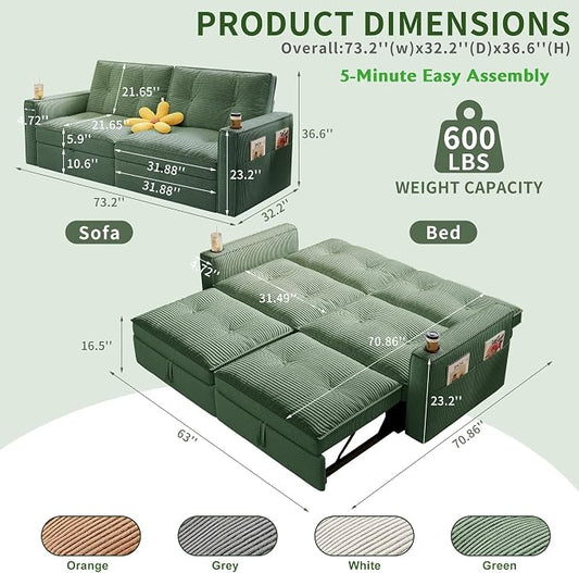 73.2'' Futon Sofa Bed Full Size, Pre-Assembled Pull Out Couch, Adjustable Backrest, Corduroy Convertible Sleeper Sofa, 2 Cup Holders, Pockets, USB, Loveseat for Living Room, Apartment, Green | Soft Material