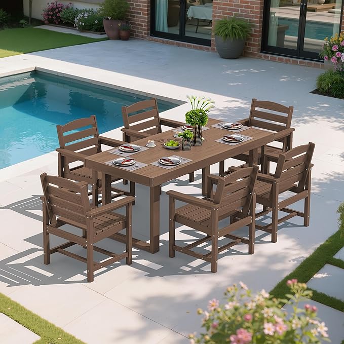 SERWALL HDPE Outdoor Dining Set for 6, 67'' Patio Table and Chairs Set | with Armchair Seat
