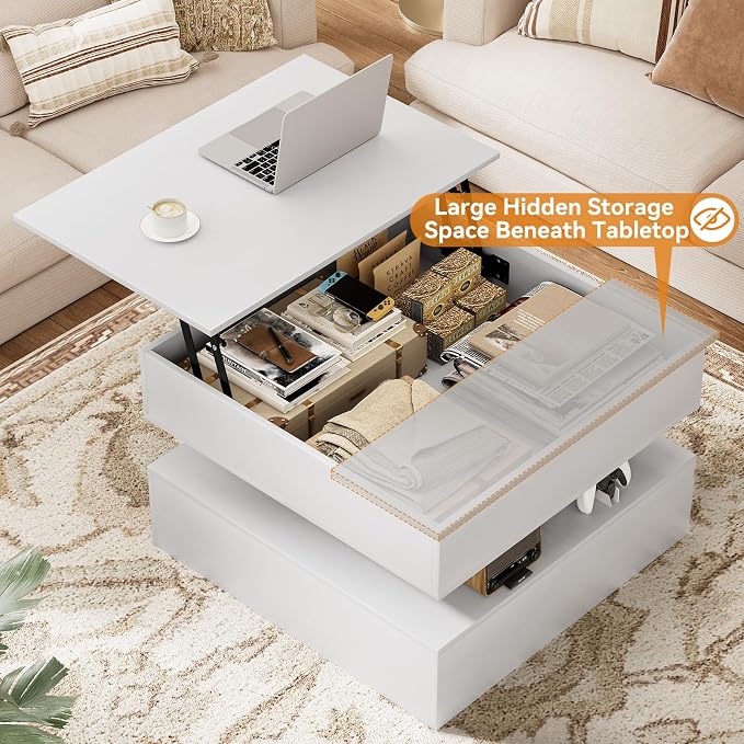 FABATO Lift Top Coffee Table with Storage and Hidden Compartment, Wood Square Coffee Table for Living Room, 31.5'' Small Center Table with Open Display Shelf for Dining Reception Room, White