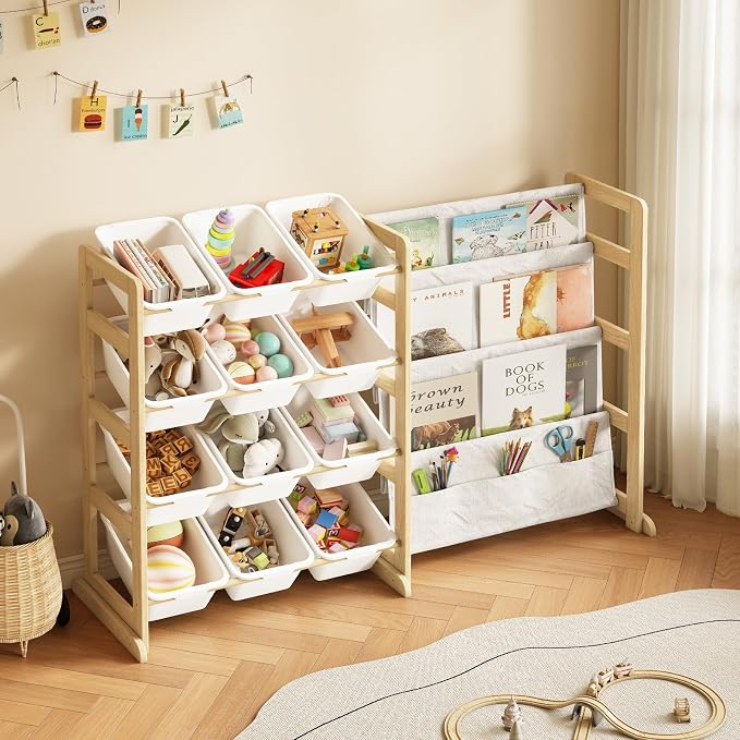 EXPERLAM Toy Storage Organizer with Bookshelf, Kids Toy Organizer and Storage Shelf with 12 White Bins, Solid Pine Wood Book Rack for Playroom, Nursery, Kids Room, Toys and Books
