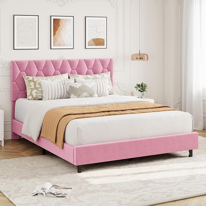 GarveeHome Pink Full Bed Frame with Upholstered Headboard, Heavy-Duty Platform Bed Frame with Strong Wood Slats, No Box Spring Needed/Noise Free/Easy Assembly
