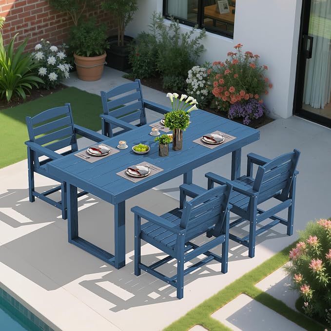 SERWALL HDPE Outdoor Dining Set for 4, 67'' Patio Table and Chairs Set | with Armchair Seat