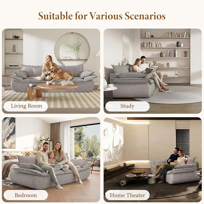 Vesgantti 86.6" Cloud Couch for Living Room, Modern 3 Seater Sailboat Sofa with Deep Seat, Comfy Chenille Upholstered Boneless Couch with Curved Armrest, No Assembly Required, Light Grey