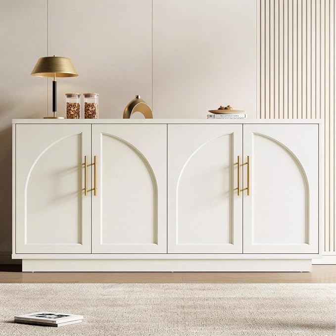 Fatmok 59" Sideboard Buffet Cabinet & TV Stand Set of 2, Modern Arched Credenza with Adjustable Shelves and Long Metal Handles, Wood Console Coffee Bar Storage for Living Room, Beige(Not White)