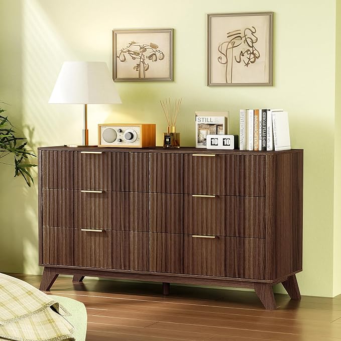 VINGLI Fluted Walnut Dresser 6 Drawer, Dark Brown Wood Dresser with Rounded Edges, Mid Century Modern Walnut Dressers for Bedroom, 46.8" W*15.5" D*31" H
