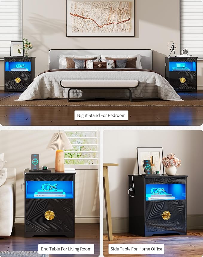 Modern Nightstand Set 2 with Gun Drawer, Bedside Table with 3-Color LED Lights & Human Sensor, Smart Night Stands with Charger Station, 2 Drawers End Table for Bedroom, Black