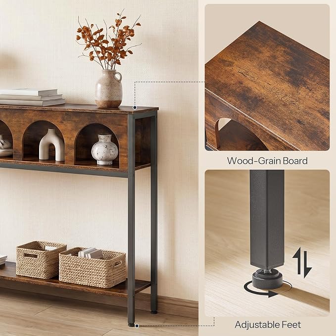 HOOBRO Narrow Console Table, Entryway Table with 3-Tier Storage, Sofa Table, Behind Couch Table with Arched Design for Living Room, Entrance, Hallway, Rustic Brown and Black BF106XG01