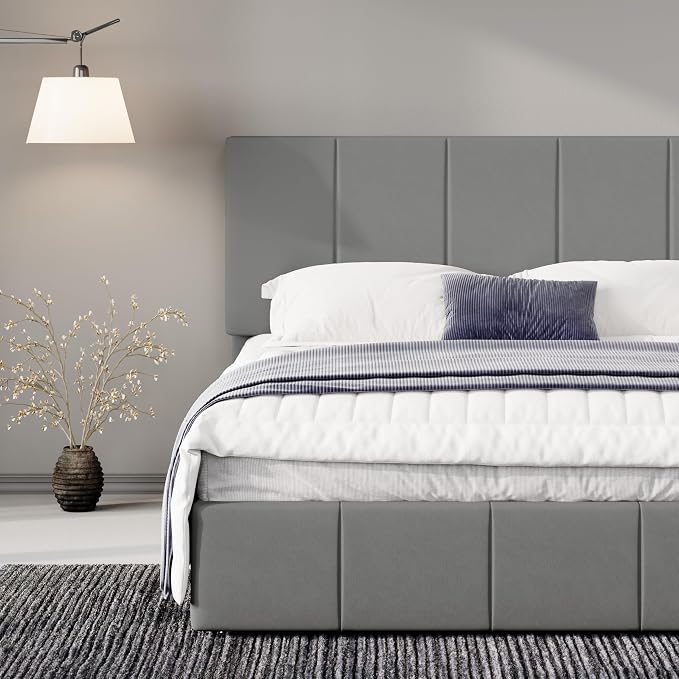Allewie Queen Size Dutch Velvet Upholstered Platform Bed Frame/Vertical Channel Tufted Adjustable Headboard/Low Profile Bed Frame/No Box Spring Needed/Easy Assembly/Grey