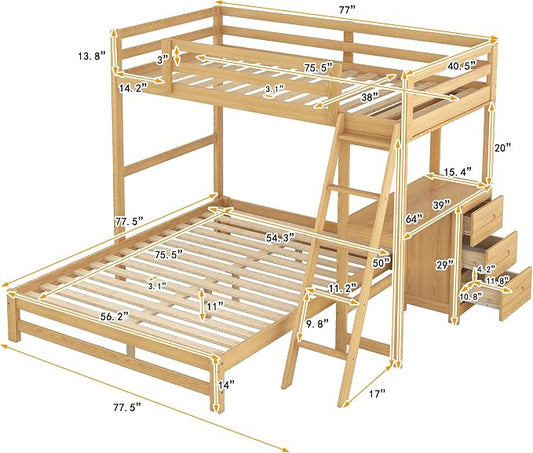 Ball & Cast Twin Over Full Bunk Bed with Safty Guardrail & Stair,Solid Wood Construction W/Built-in Desk & 3 Drawers,Can Divided Into 2 Bedframe,Easy Assembly,for Boy Girl Teen Adult Bedroom,Natural