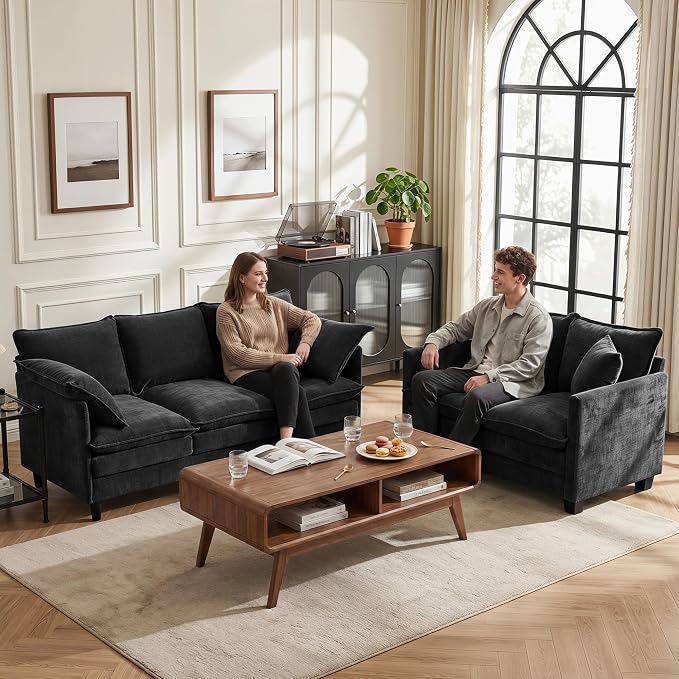 Loveseat Sofa Couch 2 Piece Set, Small Compact 50" Love Seat 27" Deep Cloud Sofa Set Washable Chenille Pillow Living Room Set for Apartment Office 8833-BLACK-2+2