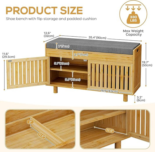 oakvivo Bamboo 35.4in Shoe Storage Bench with Lift Top Storage & Padded Seat Cushion, 2-Tier Shoe Rack Cabinet with 2 Doors for Entryway, Living Room, Bedroom, Mudroom, Natural